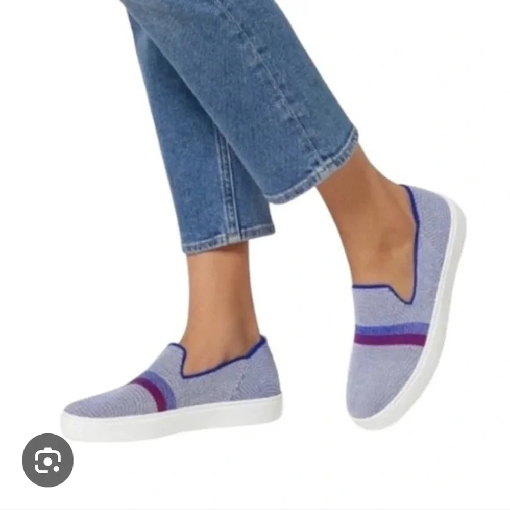 Rothy's Blue Reflective Stripe Knit Stretch Slip-On No-Lace Loafer Sneakers